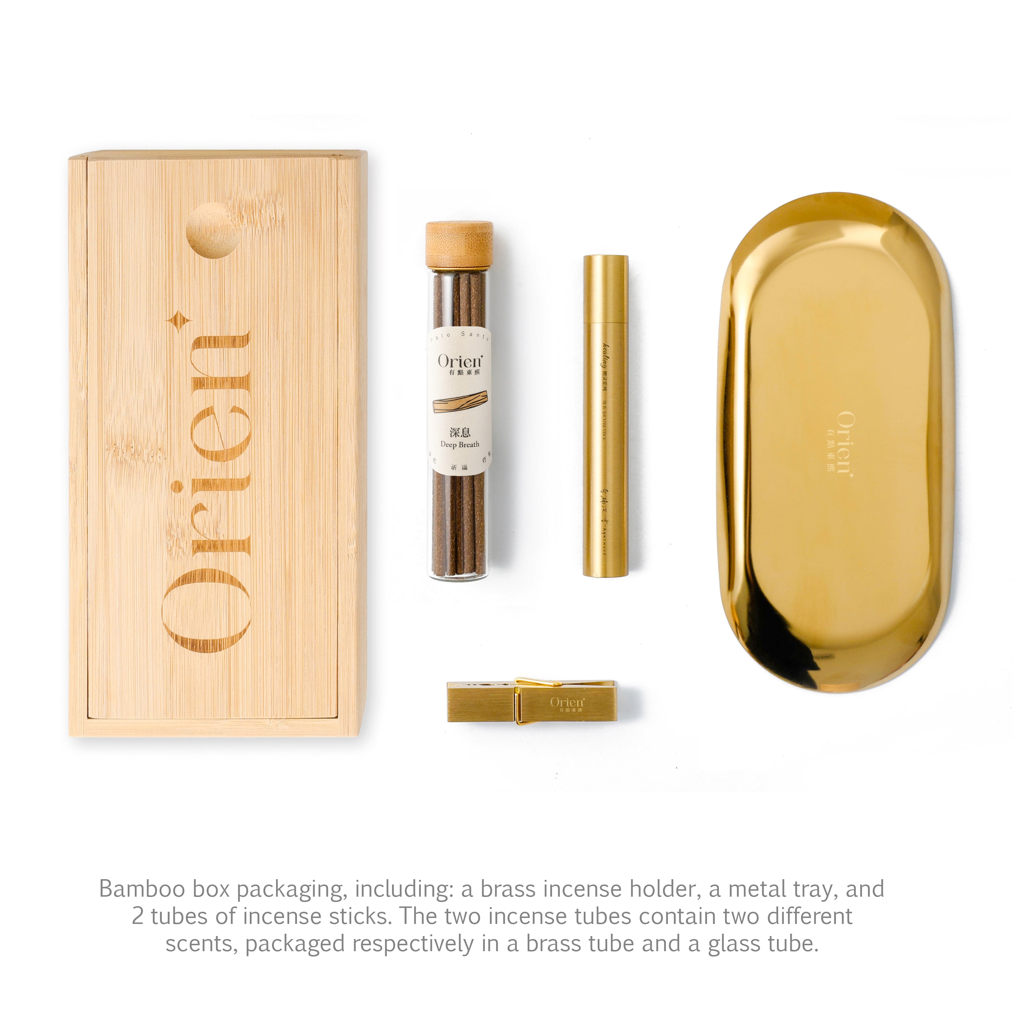 "Easy Pinch" Incense Gift Set -- Meditation Kit | Custom Bamboo Box | East-West Healing Set | Includes Natural Incense Sticks + Brass Clip + Alloy Tray | 5 Fragrances | Refreshing · Relaxed · Natural · Healing