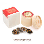 Rising Prosperity · Lucky Charmer Incense Burner & Coils Gift Set -- Magnetic Alloy Incense Burner (Baozi-Inspired Shape) -- Includes 4 Binder-Free Agarwood or Palo Santo Coils -- Handwoven Bamboo Cage -- Meditation, Home Fragrance, Housewarming Gift